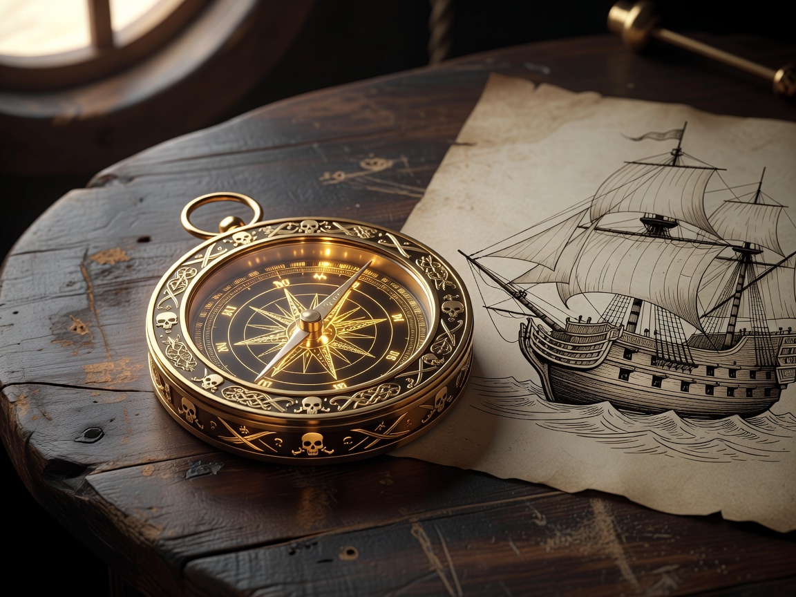 A highly detailed close-up of a digital golden pirate compass on a wooden table