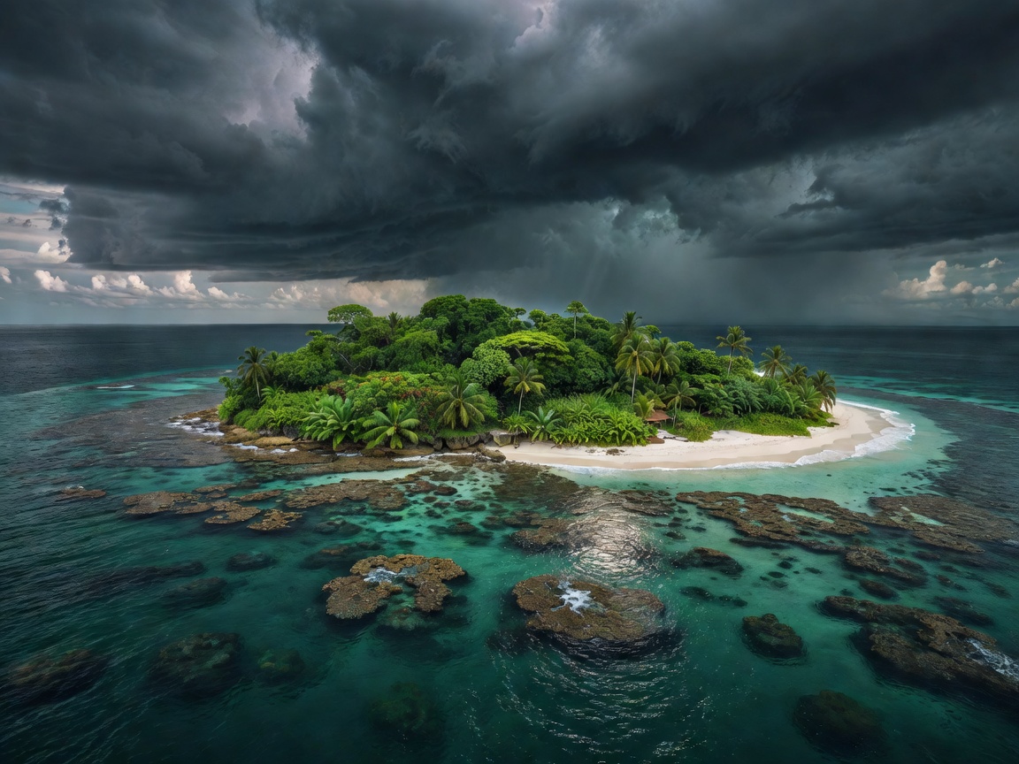 A green tropical island paradise surrounded by deep teal coral reef waters under stormy clouds