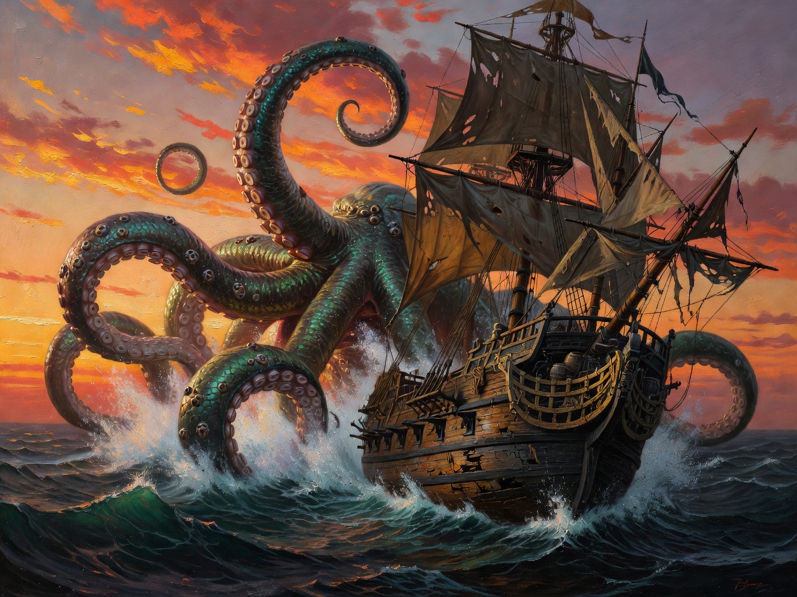 A legendary sea monster emerging next to an ancient pirate vessel at sunset painting