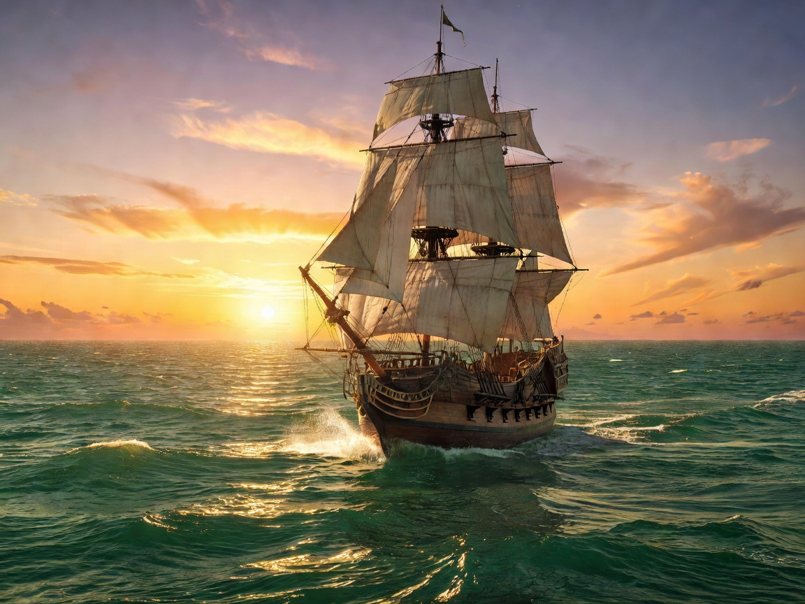 A grand wooden pirate ship sailing over emerald sea waters into a bright golden horizon