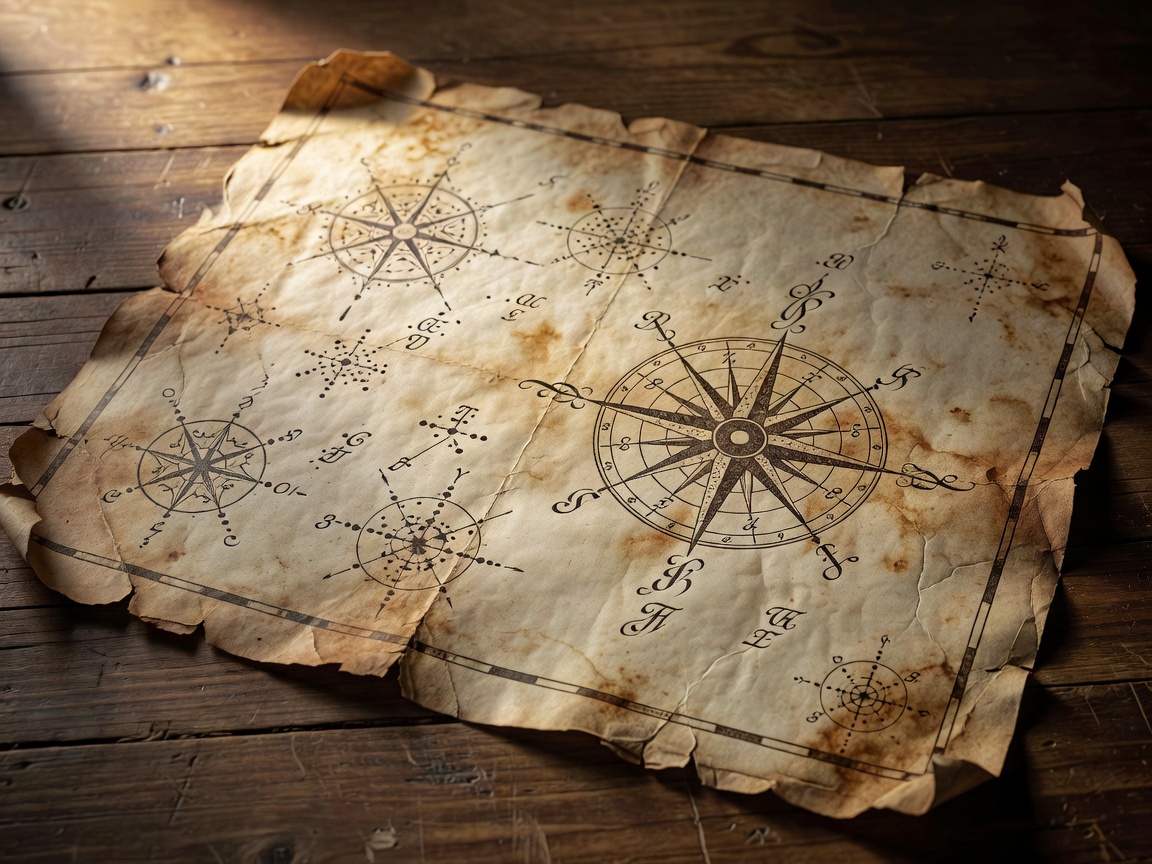 An antique pirate treasure map on weathered parchment with coordinates and compass illustration